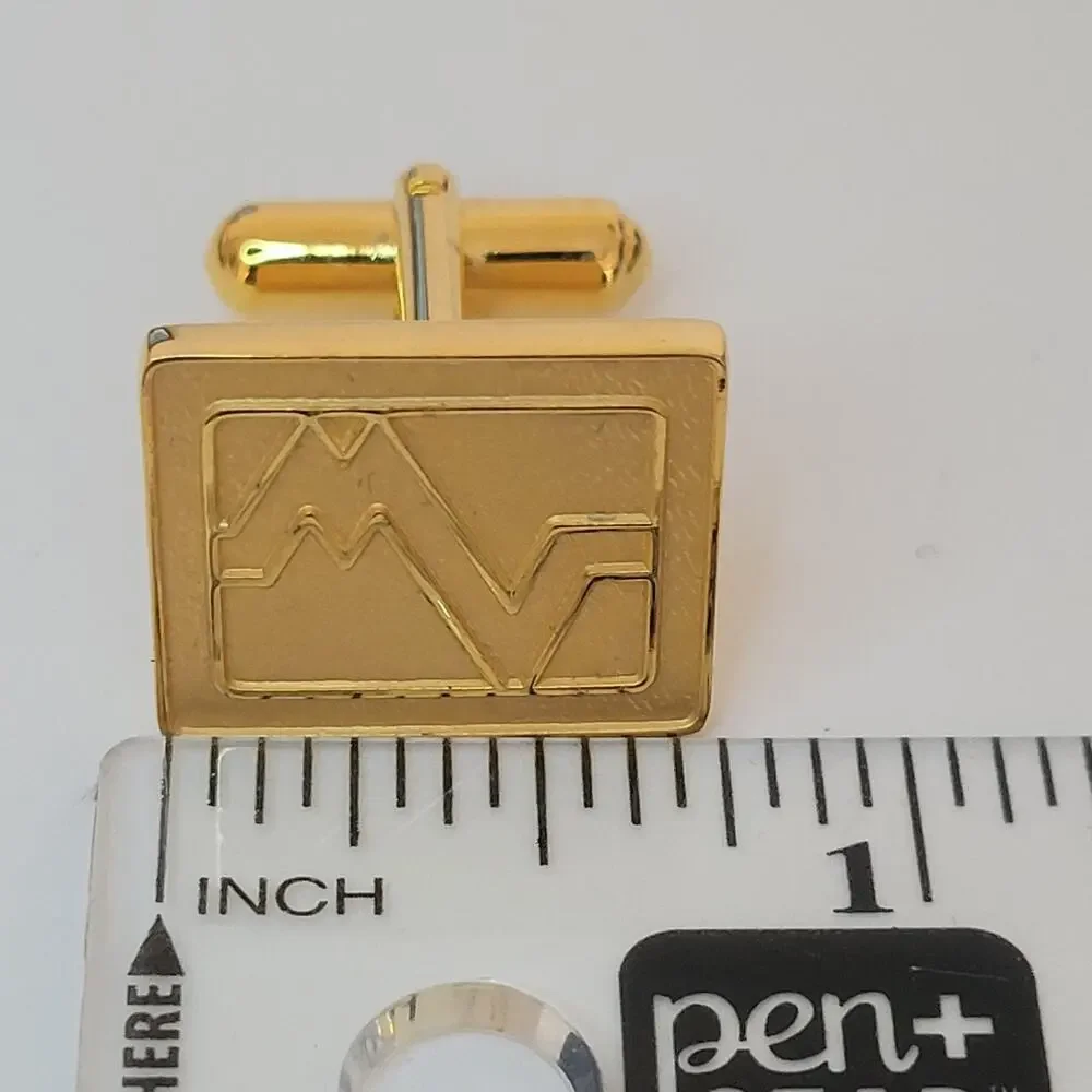 Mario Valentino USA MV Gold Tone Rectangle Logo Cufflinks Designer Retro Vintage